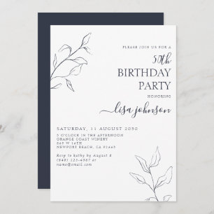 Modern Navy Blue Botanical 50th Birthday Invitation