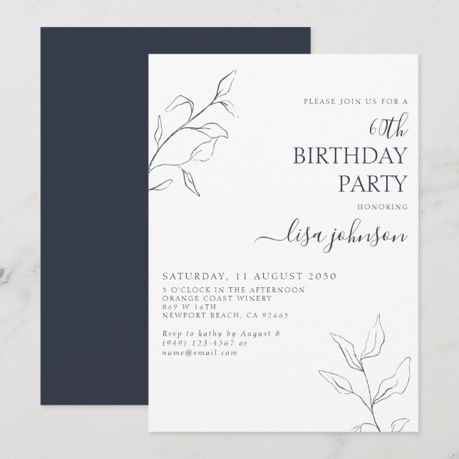 Modern Navy Blue Botanical 60th Birthday Invitation (Front/Back)
