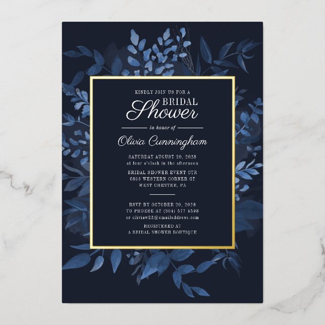 Modern Navy Blue Botanical Foliage Bridal Shower (Front)