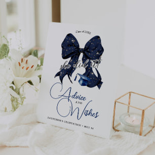Modern Navy Blue Bow Graduation Advice & Wishes Pedestal Sign