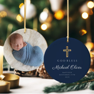 Modern Navy Blue Boy Baptism Photo Ceramic Tree Decoration