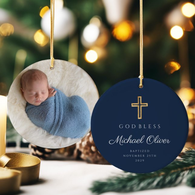 Modern Navy Blue Boy Baptism Photo Ceramic Tree Decoration (Modern Navy Blue Boy Baptism Photo Ceramic Ornament)