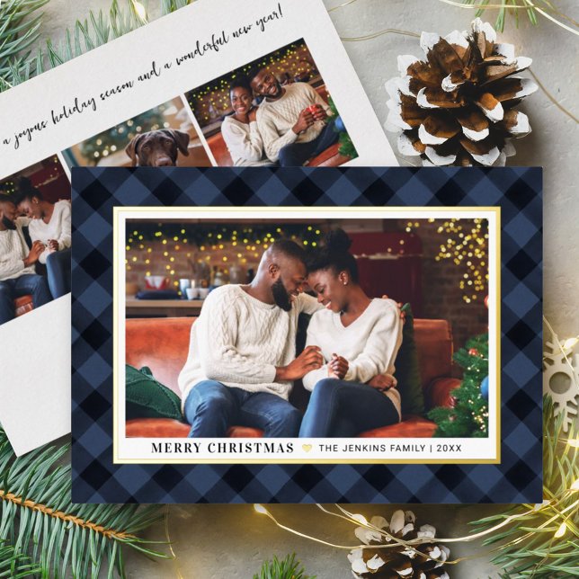 Modern Navy Blue Buffalo Plaid Christmas Photo Foil Holiday Card (Creator Uploaded)