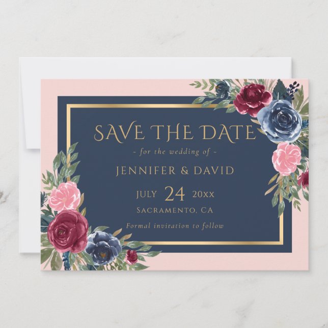 Modern Navy Blue Burgundy Blush Gold Floral Save The Date (Front)
