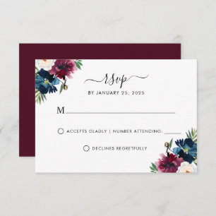 Modern Navy Blue Burgundy Elegant Floral Wedding R RSVP Card