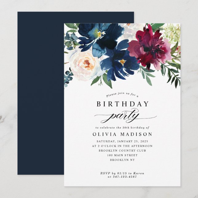 Modern Navy Blue Burgundy Floral Birthday Party Invitation (Front/Back)