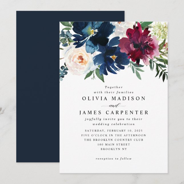 Modern Navy Blue Burgundy Floral Botanical Wedding Invitation (Front/Back)