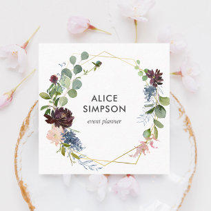 Modern Navy Blue Burgundy Floral Geometric Square Business Card