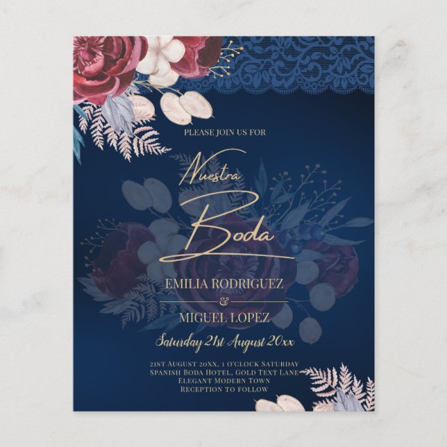 Modern Navy Blue Burgundy Floral Lace Wedding Flyer (Front)