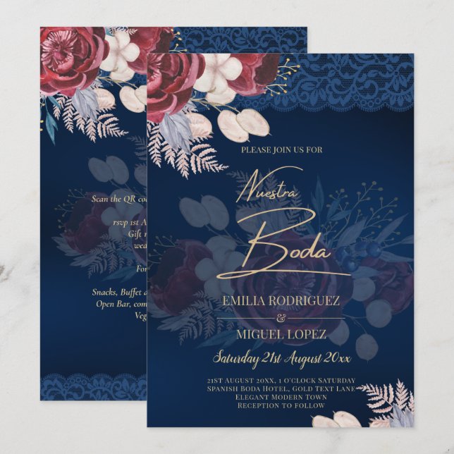 Modern Navy Blue Burgundy Floral Lace Wedding Invitation (Front/Back)