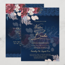 Modern Navy Blue Burgundy Floral Lace Wedding