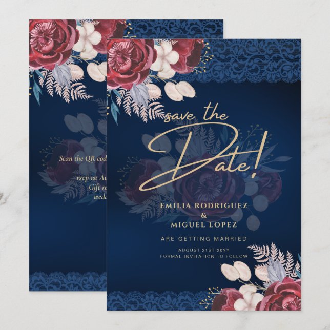 Modern Navy Blue Burgundy Floral Lace Wedding Invitation (Front/Back)