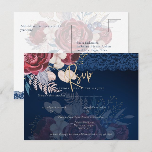 Modern Navy Blue Burgundy Floral Lace Wedding Postcard (Front/Back)