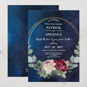 Modern Navy Blue Burgundy Gold Blush Pink Wedding Invitation