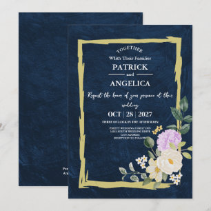Modern Navy Blue Burgundy Gold Blush Pink Wedding Invitation