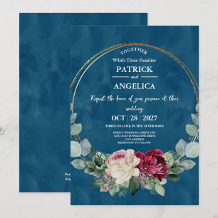 Modern Navy Blue Burgundy Gold Blush Pink Wedding Invitation