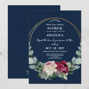 Modern Navy Blue Burgundy Gold Blush Pink Wedding Invitation