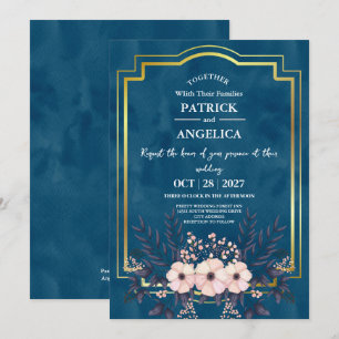 Modern Navy Blue Burgundy Gold Blush Pink Wedding Invitation