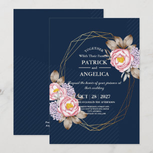 Modern Navy Blue Burgundy Gold Blush Pink Wedding Invitation