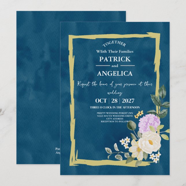 Modern Navy Blue Burgundy Gold Blush Pink Wedding Invitation (Front/Back)