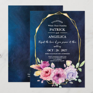Modern Navy Blue Burgundy Gold Blush Pink Wedding Invitation