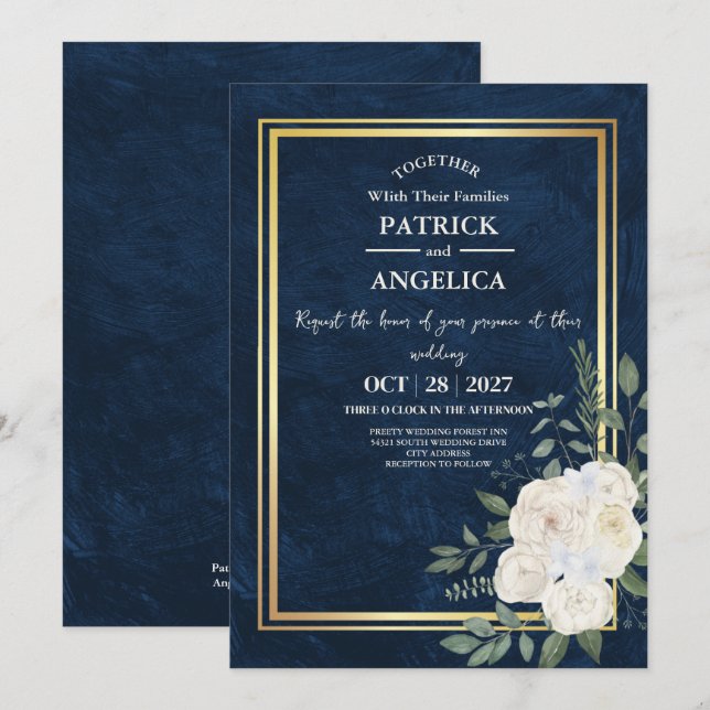 Modern Navy Blue Burgundy Gold Blush Pink Wedding Invitation (Front/Back)