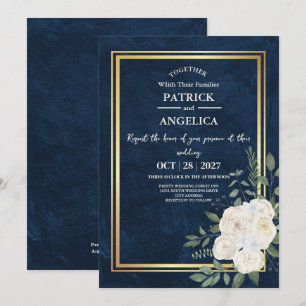 Modern Navy Blue Burgundy Gold Blush Pink Wedding Invitation