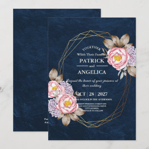 Modern Navy Blue Burgundy Gold Blush Pink Wedding Invitation