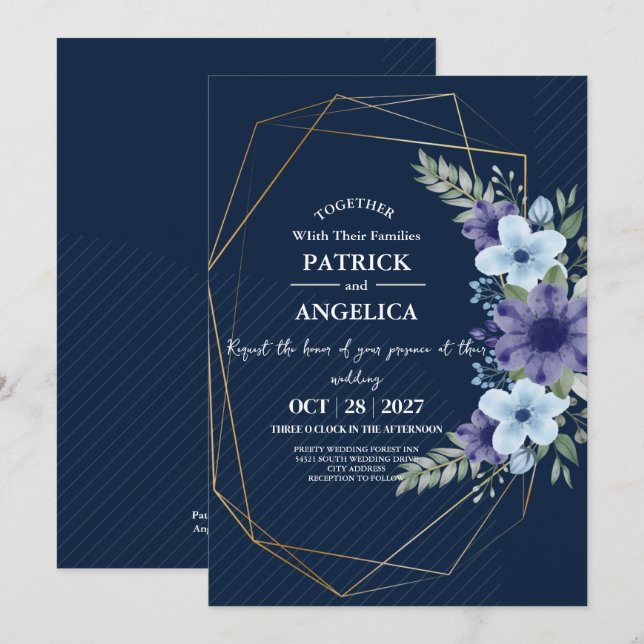 Modern Navy Blue Burgundy Gold Blush Pink Wedding Invitation (Front/Back)