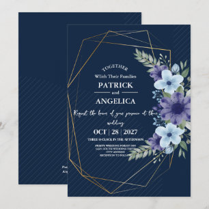 Modern Navy Blue Burgundy Gold Blush Pink Wedding Invitation