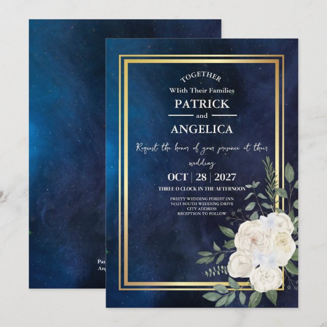 Modern Navy Blue Burgundy Gold Blush Pink Wedding Invitation (Front/Back)