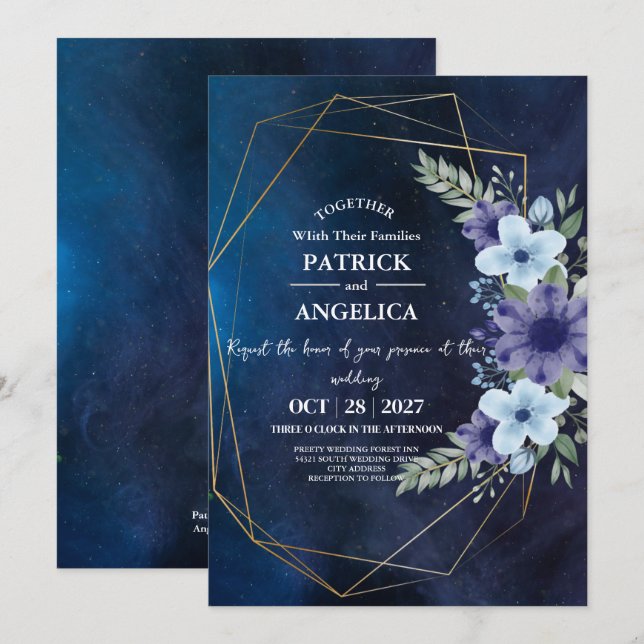 Modern Navy Blue Burgundy Gold Blush Pink Wedding Invitation (Front/Back)