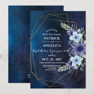 Modern Navy Blue Burgundy Gold Blush Pink Wedding Invitation