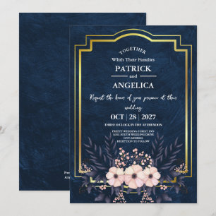 Modern Navy Blue Burgundy Gold Blush Pink Wedding Invitation
