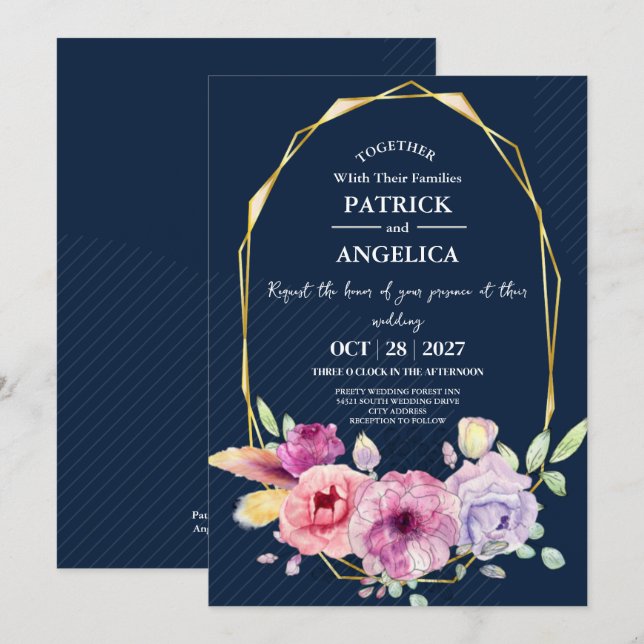 Modern Navy Blue Burgundy Gold Blush Pink Wedding Invitation (Front/Back)
