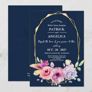 Modern Navy Blue Burgundy Gold Blush Pink Wedding Invitation