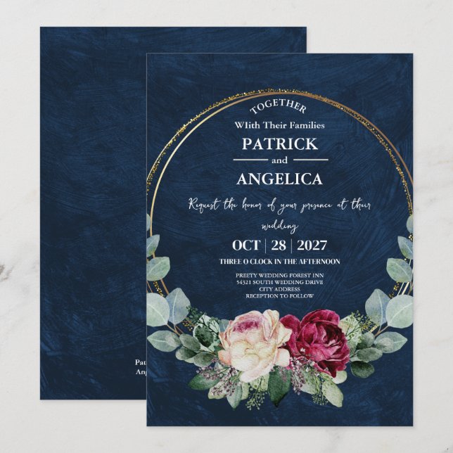Modern Navy Blue Burgundy Gold Blush Pink Wedding Invitation (Front/Back)