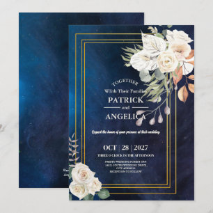 Modern Navy Blue Burgundy Gold Blush Pink Wedding Invitation