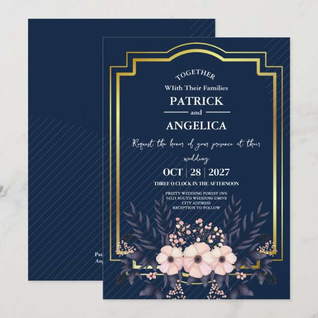 Modern Navy Blue Burgundy Gold Blush Pink Wedding Invitation (Front/Back)