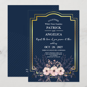 Modern Navy Blue Burgundy Gold Blush Pink Wedding Invitation