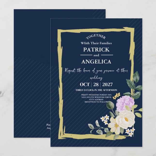 Modern Navy Blue Burgundy Gold Blush Pink Wedding Invitation (Front/Back)