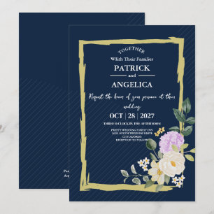 Modern Navy Blue Burgundy Gold Blush Pink Wedding Invitation