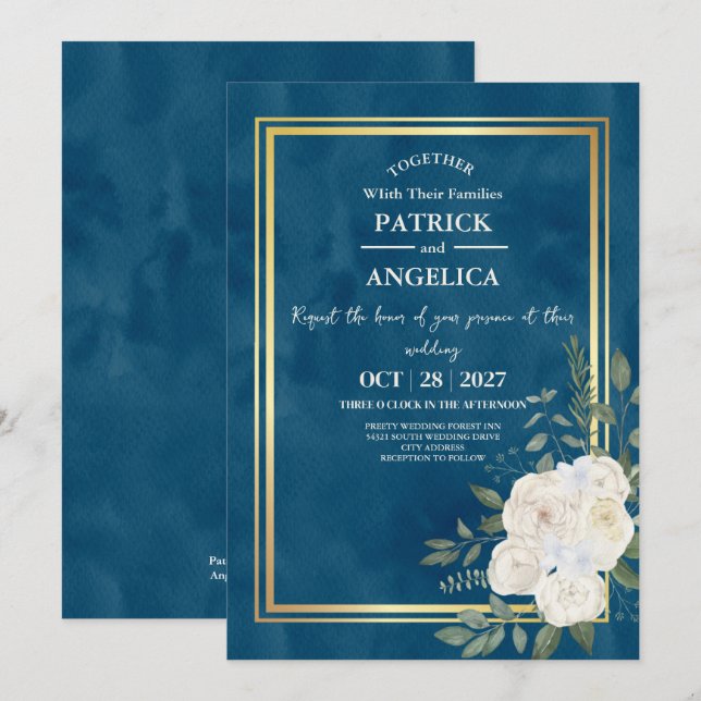Modern Navy Blue Burgundy Gold Blush Pink Wedding Invitation (Front/Back)