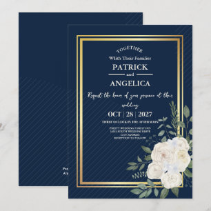 Modern Navy Blue Burgundy Gold Blush Pink Wedding Invitation