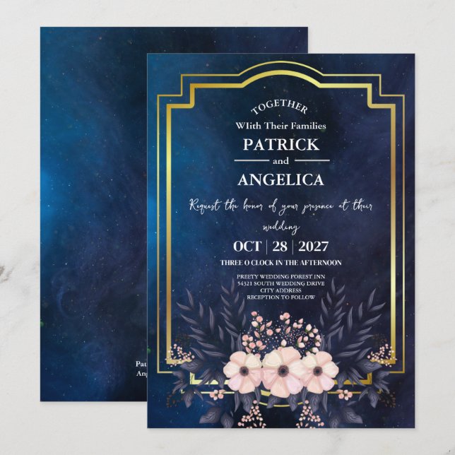 Modern Navy Blue Burgundy Gold Blush Pink Wedding Invitation (Front/Back)