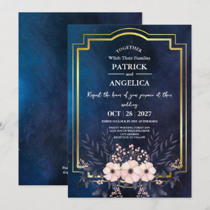 Modern Navy Blue Burgundy Gold Blush Pink Wedding Invitation