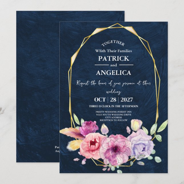 Modern Navy Blue Burgundy Gold Blush Pink Wedding Invitation (Front/Back)