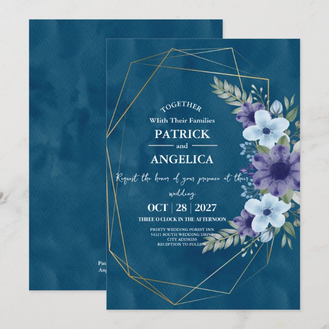 Modern Navy Blue Burgundy Gold Blush Pink Wedding Invitation (Front/Back)