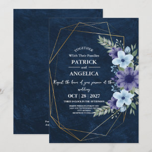 Modern Navy Blue Burgundy Gold Blush Pink Wedding Invitation