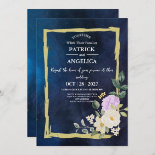 Modern Navy Blue Burgundy Gold Blush Pink Wedding Invitation